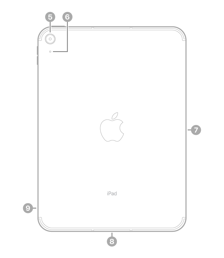 المنظر الخلفي لجهاز iPad مع وسائل شرح للكاميرا الخلفية والميكروفون في أعلى اليسار، والموصل الذكي على الجانب الأيمن، وموصل USB-C في منتصف الجزء السفلي، وحامل الشريحة (على طرز Wi-Fi + خلوي) في أسفل اليسار.