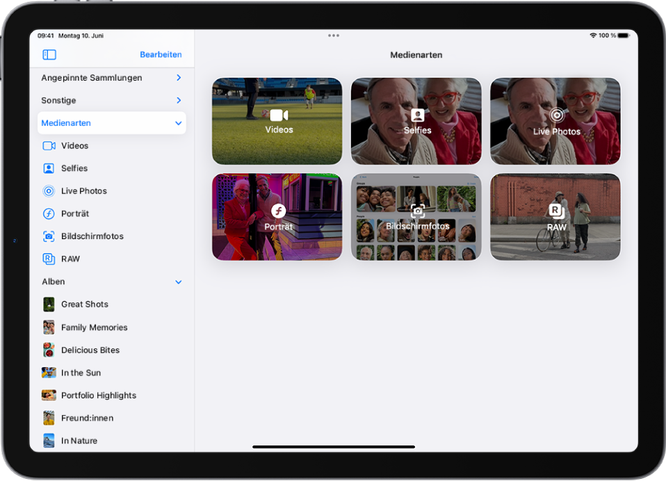 In der App „Fotos“ sind „Medienarten“ geöffnet und Sammlungen von Videos, Selfies, Live Photos, Porträts und mehr werden angezeigt.