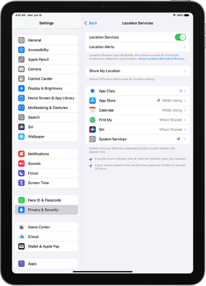 The Location Services screen, with settings to share the location of your iPad with apps.