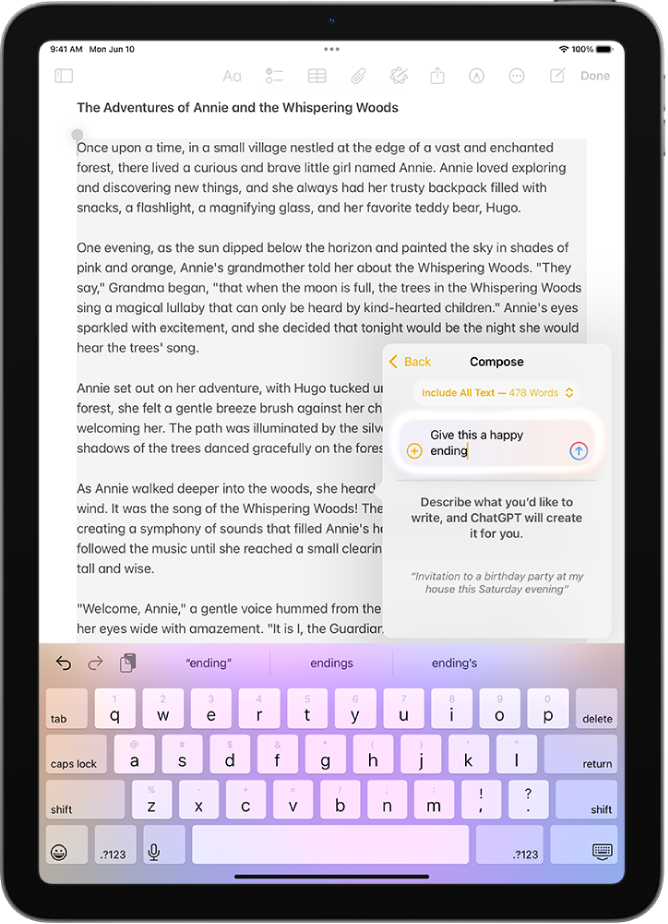 An iPad showing a story being written in the Notes app. At the right of the screen is the Compose with Writing Tools dialog that includes options to describe a change, choose ChatGPT suggestions, and more.