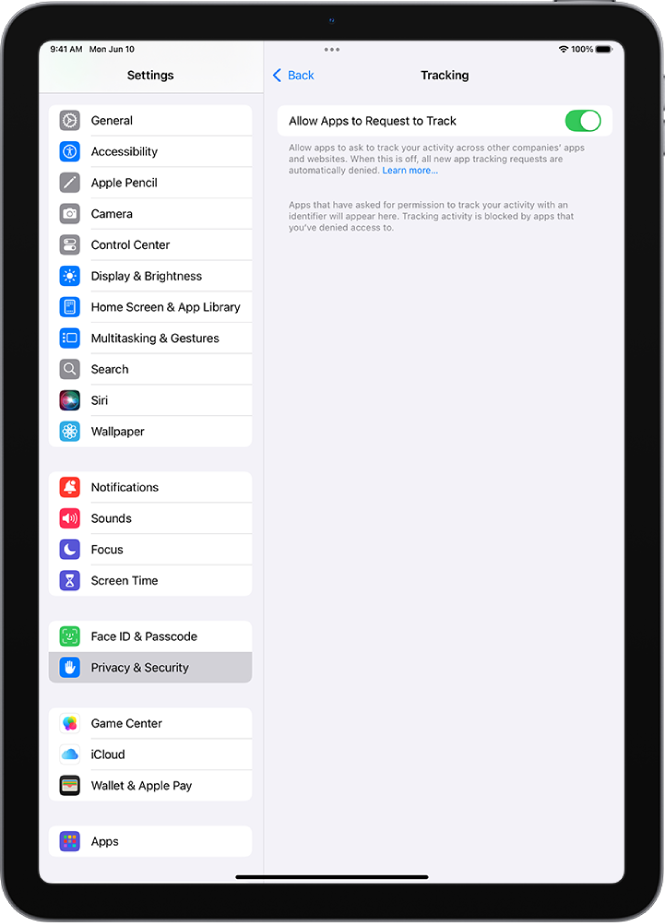 The Tracking screen, with a setting to control whether apps can ask to track you across websites or apps owned by other companies.