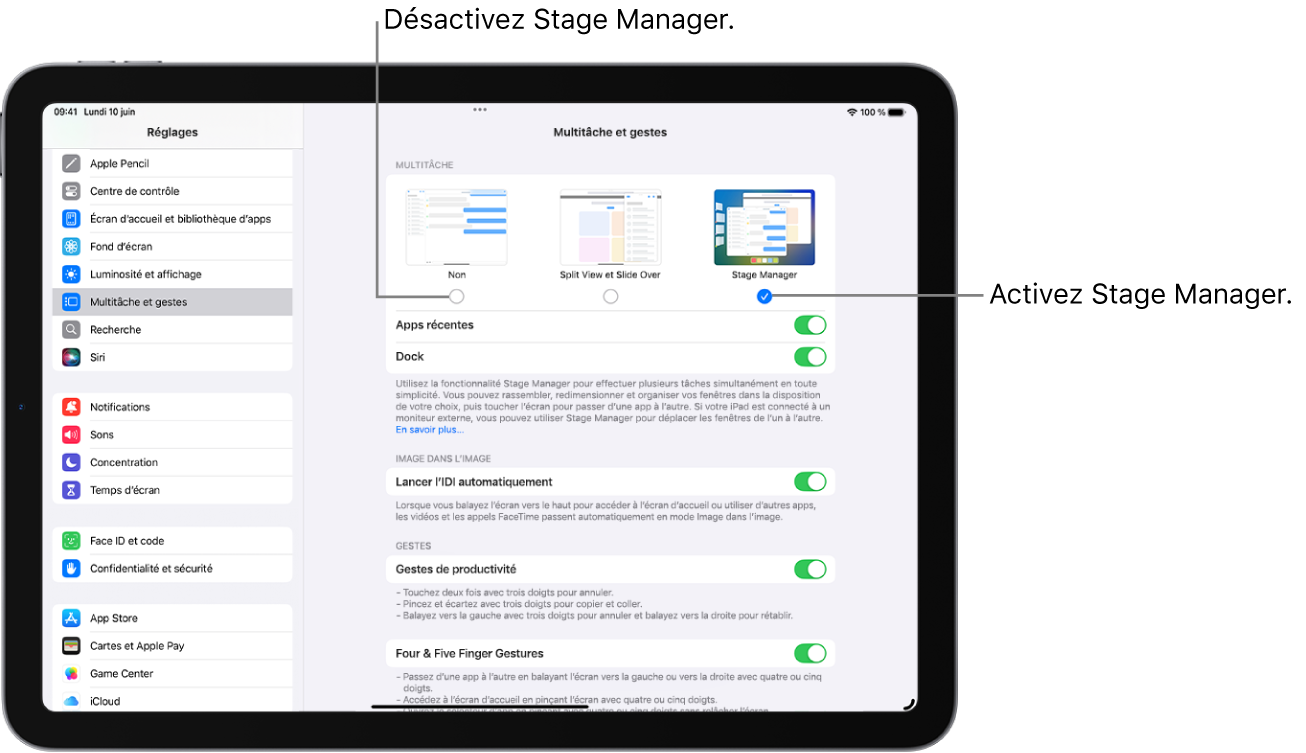 L’écran Réglages pour activer ou désactiver Stage Manager.