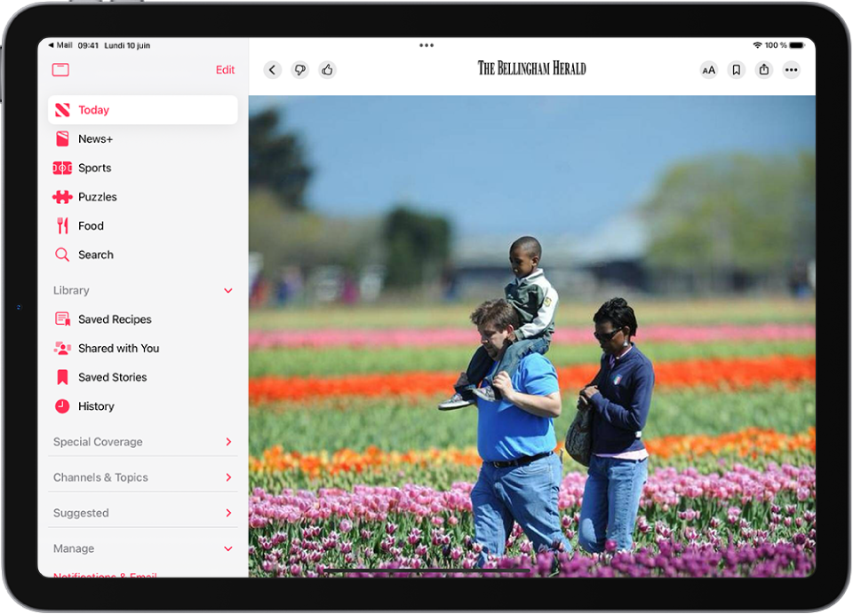 Un article dans l’app News. Sous Apple News dans la barre latérale, l’option Today est sélectionnée.