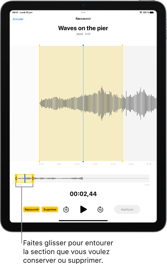 Un enregistrement est en cours de modification, avec les poignées d’élagage jaunes entourant une partie de la forme d’onde audio en bas de l’écran. À gauche des commandes de lecture se trouvent deux boutons : le bouton Raccourcir, qui permet de supprimer la partie de l’enregistrement située à l’extérieur des poignées, et le bouton Supprimer, qui permet de supprimer la partie de l’enregistrement située à l’extérieur des poignées.
