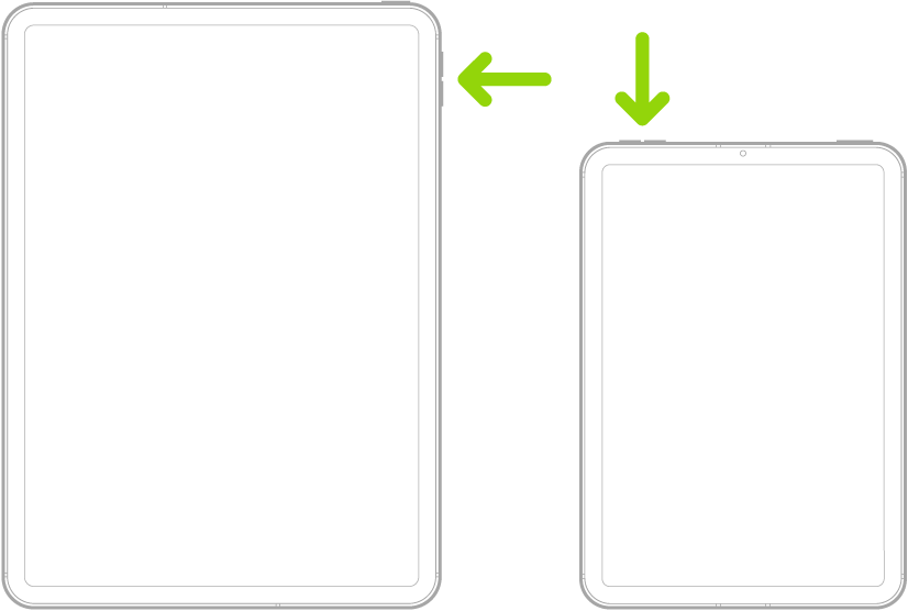 Vue de face de deux modèles différents d’iPad. Sur le modèle de gauche, les boutons de volume se trouvent près du coin supérieur droit et le bouton supérieur en haut à droite. Sur le modèle de droite, les boutons de volume se trouvent en haut à gauche et le bouton supérieur/capteur Touch ID en haut à droite.
