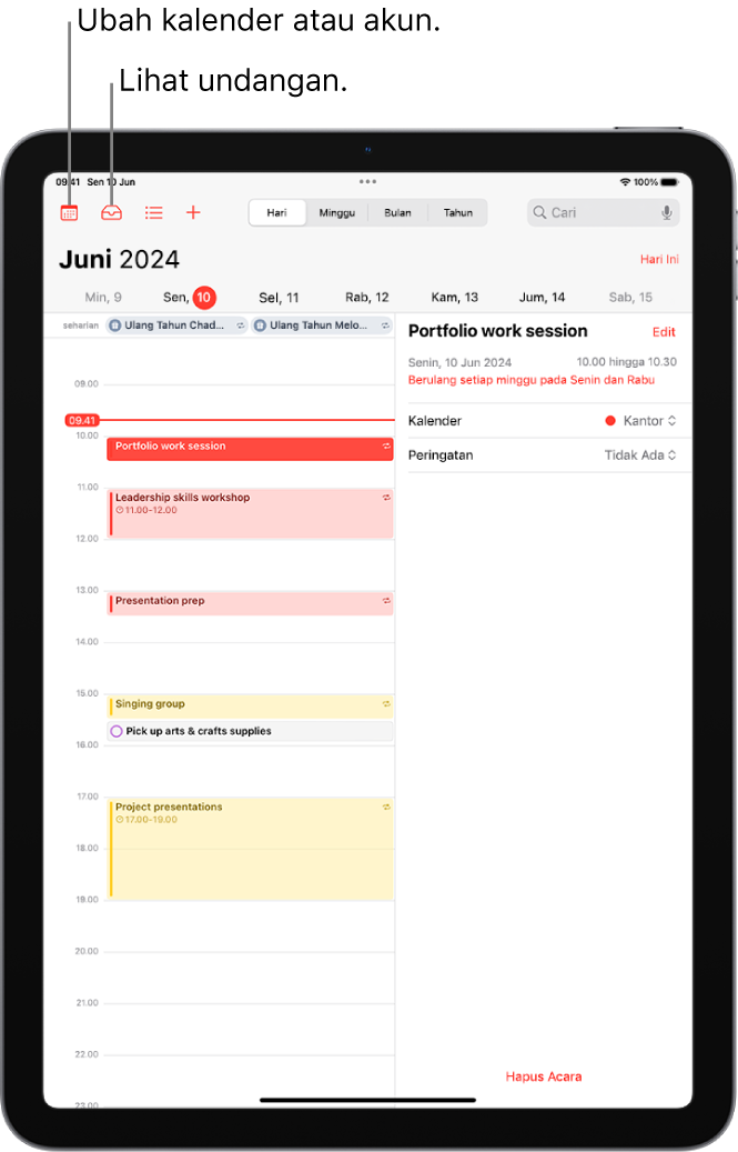 Kalender dalam tampilan Hari. Tombol di bagian atas pusat memungkinkan Anda untuk mengubah tampilan antara Hari, Minggu, Bulan, dan Tahun. Tombol Kalender berada di kiri atas layar, dan tombol Inbox berada di dekat kiri atas.