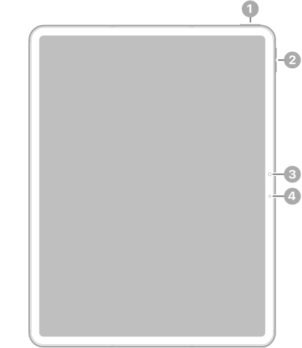 11インチiPad Air(M2)の前面。上部右側のトップボタンとTouch ID、右上の音量ボタン、中央右側の前面カメラ、右側のマイクが示されています。