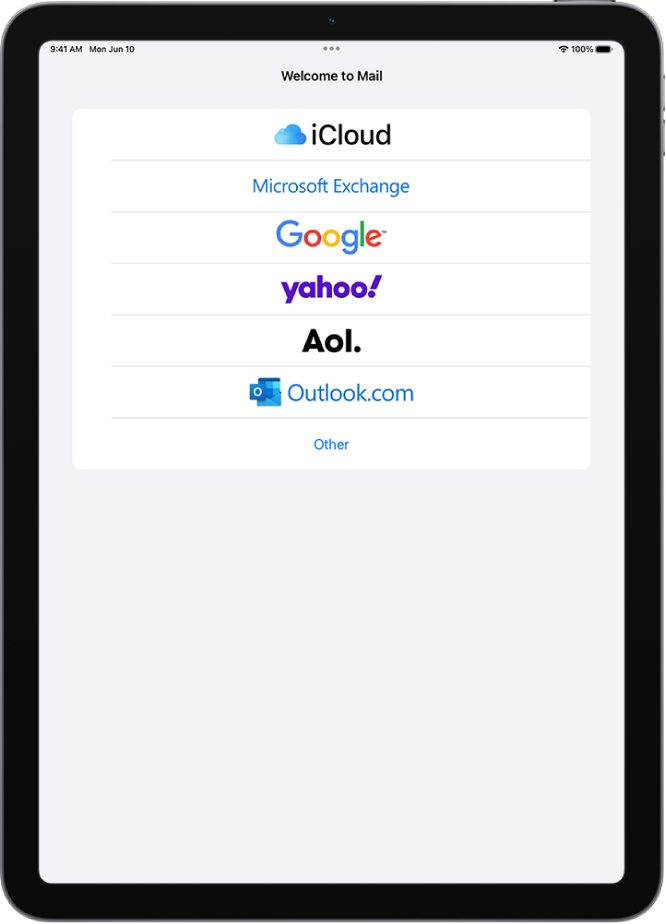 iCloud, Microsoft Exchange, Google, Yahoo, AOL ಮತ್ತು ಇತರ Mail ಖಾತೆಗಳನ್ನು ತೋರಿಸುತ್ತಿರುವ ಈಮೇಲ್ ಖಾತೆಯ ಪ್ರಕಾರವನ್ನು ಆರಿಸುವ ಆಯ್ಕೆಗಳನ್ನು ಹೊಂದಿರುವ “ಖಾತೆಯನ್ನು ಸೇರಿಸಿ” ಸ್ಕ್ರೀನ್.