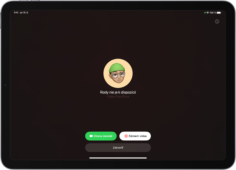 Obrazovka FaceTime s oznámením, že volaná osoba je nedostupná. V spodnej časti sú tlačidlá Znovu zavolať a Nahrať video.