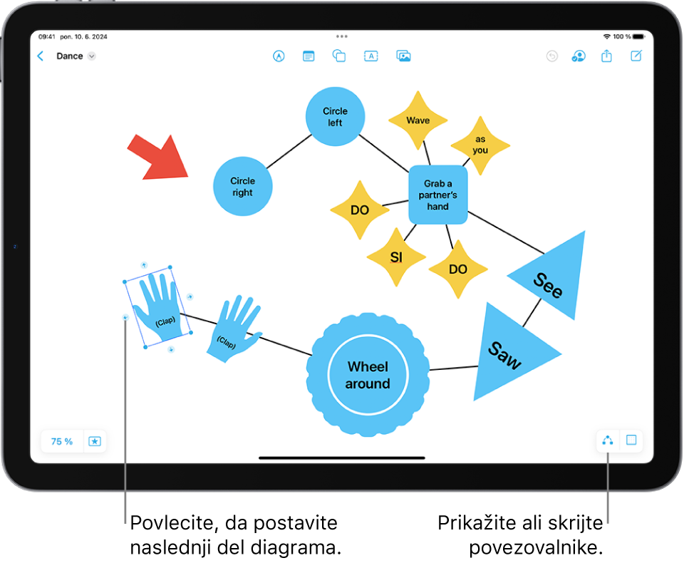 Diagram na tabli Freeform s povezovalniki, prikazanimi na izbrani obliki, in orodji za oblikovanje oblike, vidnimi nad njimi.