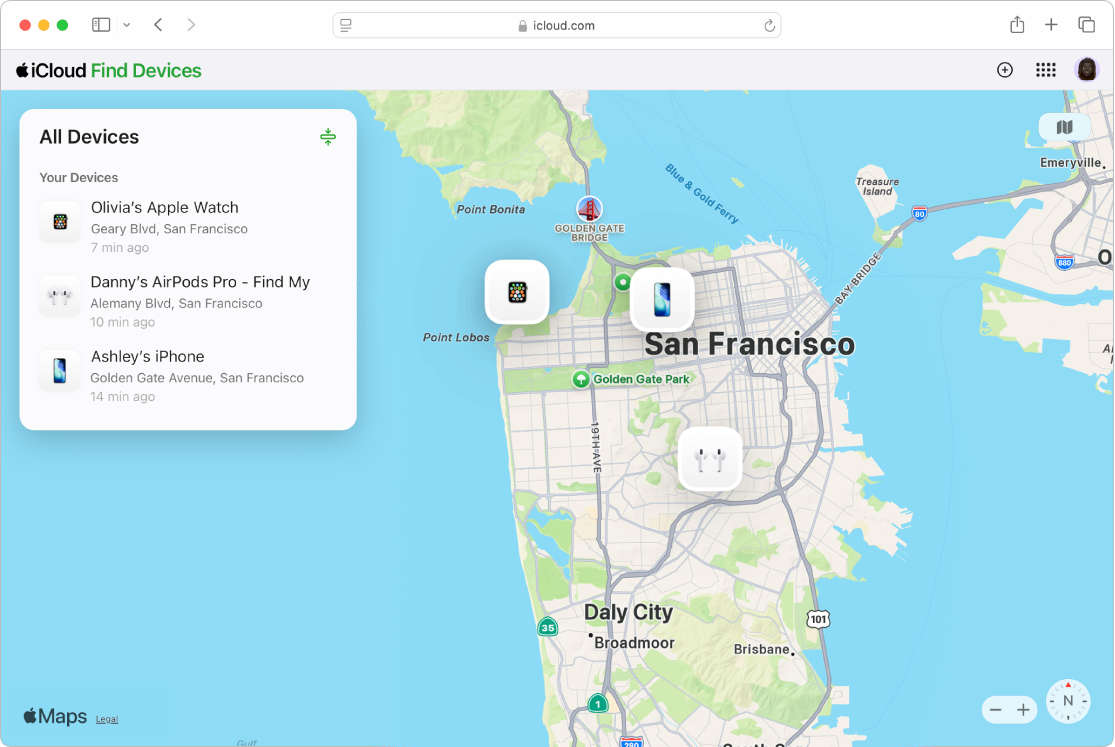 Find Devices on iCloud.com open in Safari on a Mac. The locations of two devices are shown on a map of San Francisco.