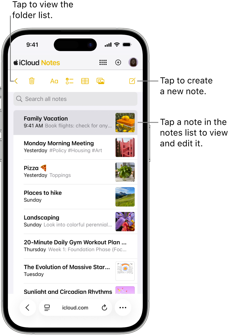 An open notes list on iCloud.com on a phone.