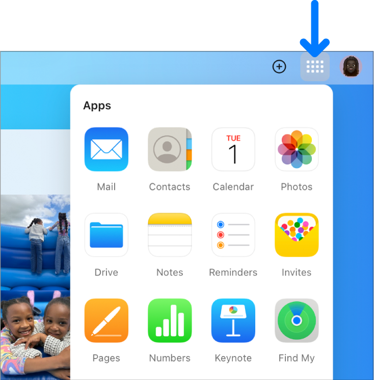 Sur la page d’accueil d’iCloud, le Lanceur d’apps est ouvert et montre les apps suivantes : Mail, Contacts, Calendrier, Photos, iCloud Drive, Notes, Rappels, Pages, Numbers, Keynote et Localiser.