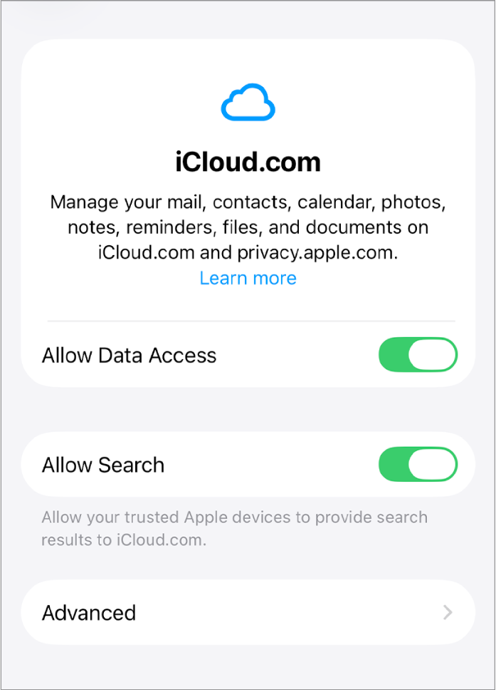 시스템 설정의 iCloud.com 윈도우에서 데이터 접근 허용 및 검색 허용 기능이 켜져 있음.