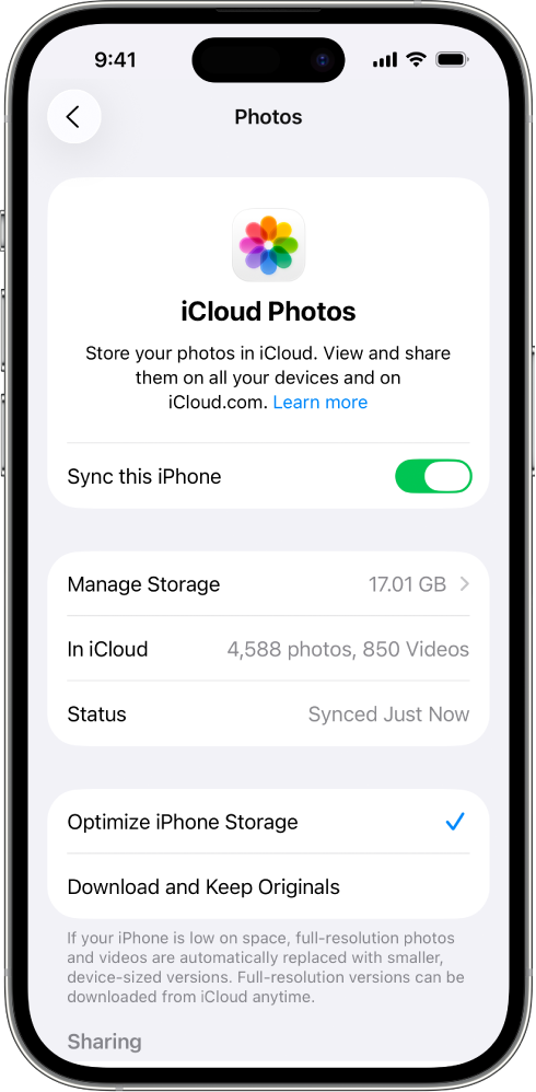 iCloud 設定中的「iCloud 相片」畫面。「使用此 iPhone」已開啟。