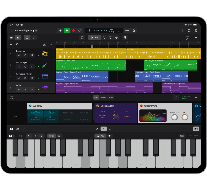 Logic Pro project open on large iPad showing Tracks area, Plug-ins area, and Play Surface.
