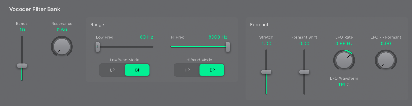 Figure. EVOC 20 PS Vocoder Filter Bank parameters.
