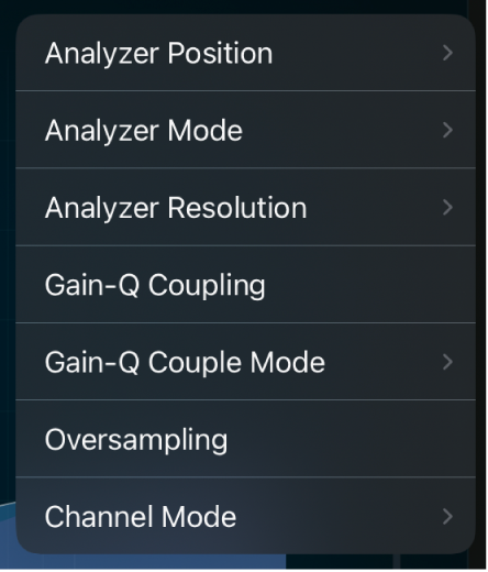 Figure. Options du menu Plus du module Linear Phase EQ.