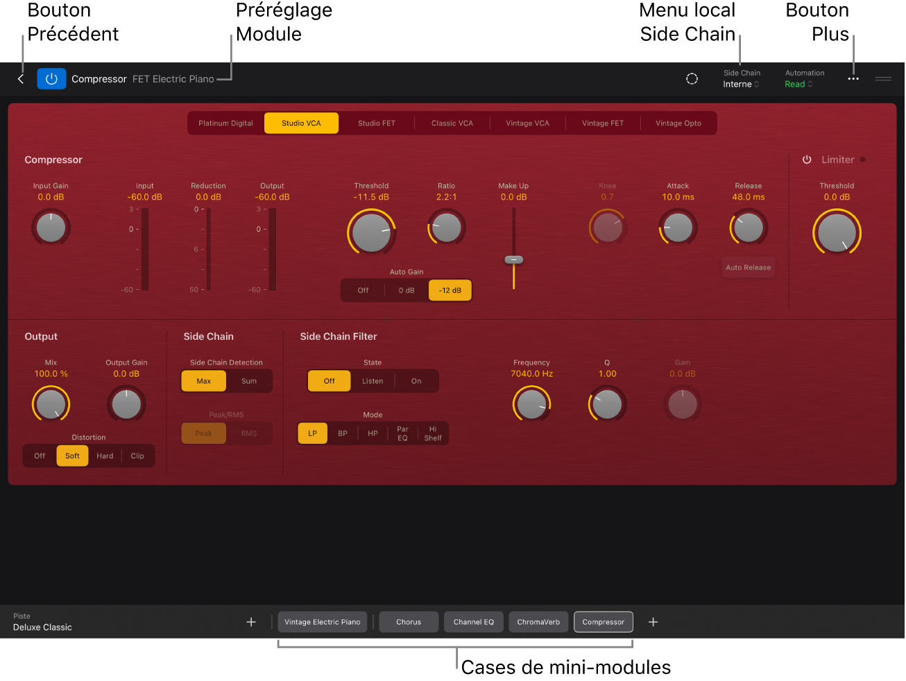 Figure. Module Compressor ouvert dans la présentation Détails affichant le bouton Retour, le menu des préréglages de module, le menu local « Side Chain » et les mosaïques miniatures de modules.