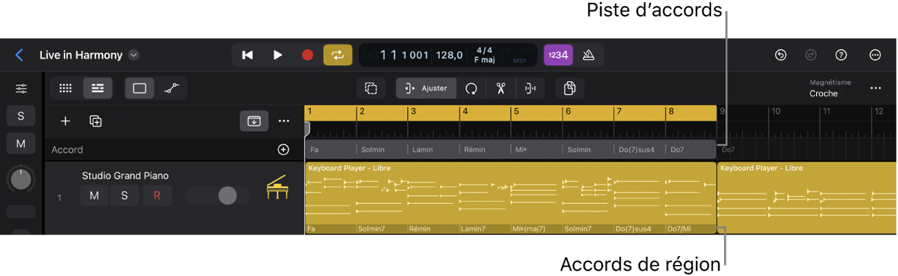 Figure. Zone Pistes de Logic Pro montrant la piste d’accords avec des accords et des groupes d’accords, et une région Session Player avec des accords de région.