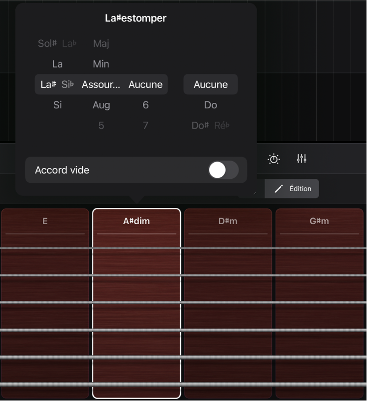 Figure. Modification d’accords dans la surface de lecture « Bandes de guitare ».