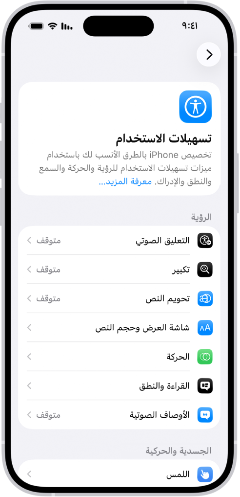 شاشة تسهيلات الاستخدام في الإعدادات تظهر بها الميزات المضمنة لدعم الرؤية.