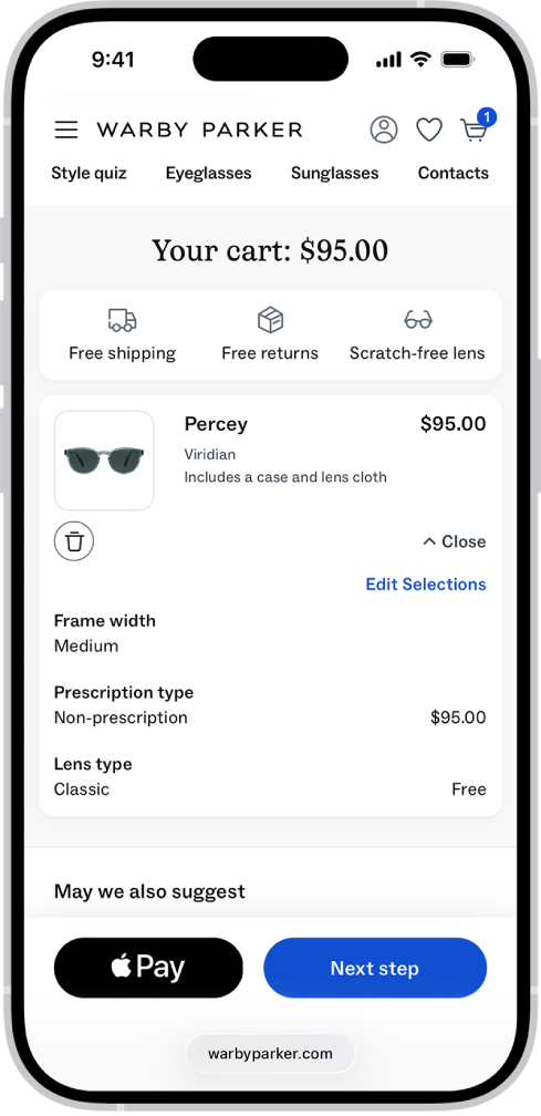 Το καλάθι αγορών μιας εφαρμογής όπου φαίνονται οι τιμές των επιλεγμένων ειδών. Το κουμπί Apple Pay βρίσκεται κάτω αριστερά.