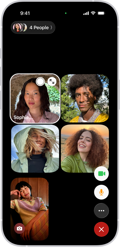 A Group FaceTime call showing five participants in separate tiles.