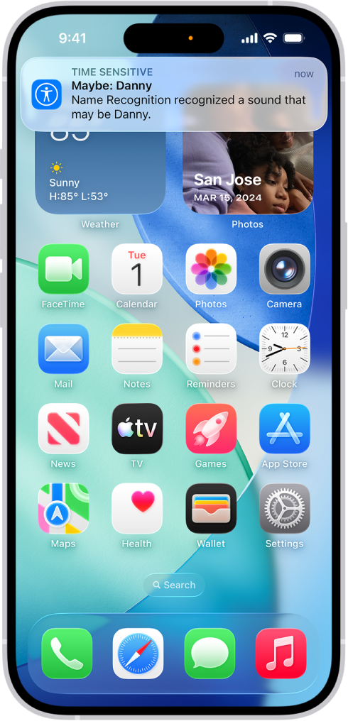 A notification is shown on iPhone that Name Recognition recognized a sound that may be a name.