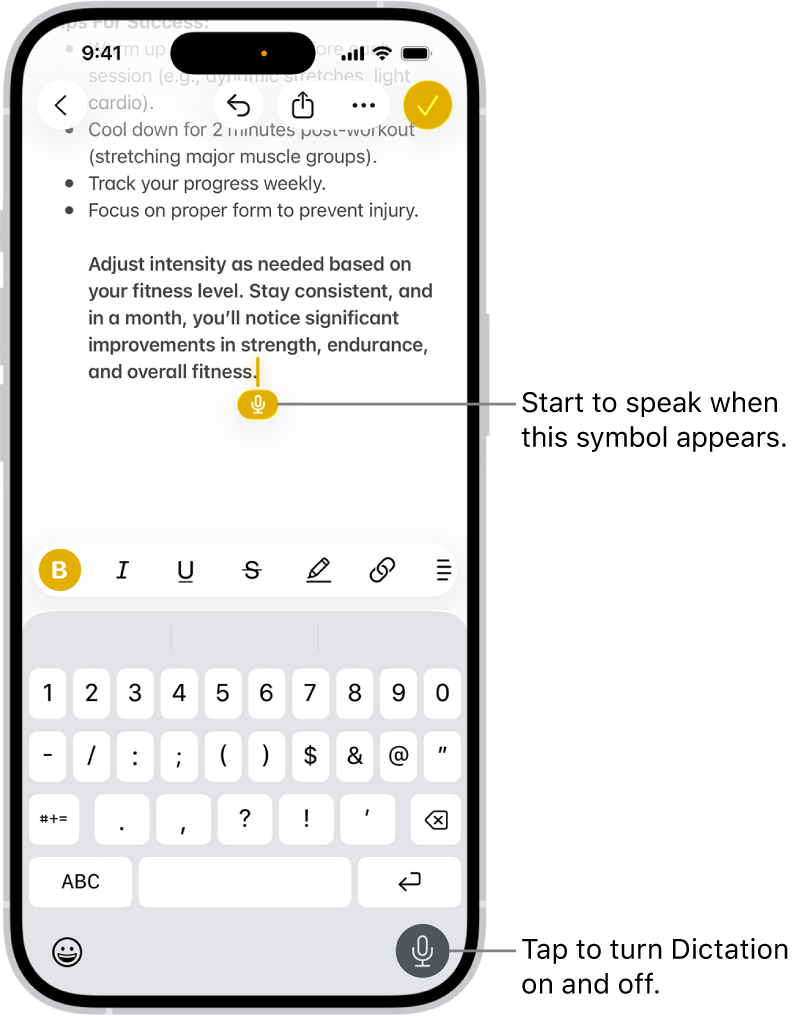 The onscreen keyboard is open in the Mail app. The Dictation button in the bottom-right corner of the screen is selected and the Dictation button appears below the insertion point in the text field.