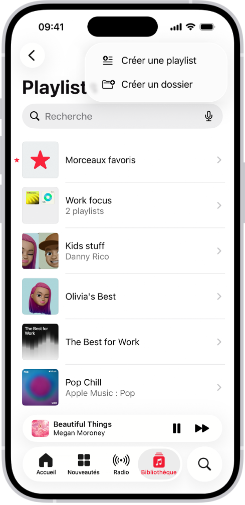 L’onglet Bibliothèque avec la liste des playlists. En haut se trouvent des boutons permettant de créer une playlist ou de créer un dossier.