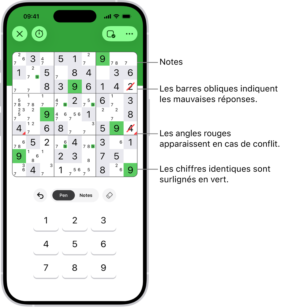 Sudoku avec plusieurs fonctionnalités activées : Notes, Highlight Matching Numbers, Show Conflicts et Autocheck.