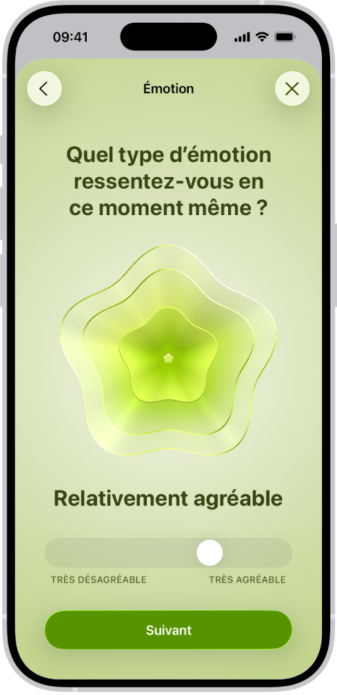 Écran de l’app Santé indiquant que l’humeur actuelle est Relativement agréable. En bas de l’écran, un curseur permet de régler le niveau de l’émotion.