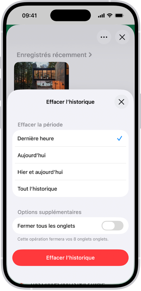 Le menu « Effacer l’historique ». Sous « Effacer la période », l’option « Dernière heure » est sélectionnée. L’option « Tous les profils » est sélectionnée sous « Effacer pour le profil ». Le bouton « Effacer l’historique » apparaît au bas de l’écran.
