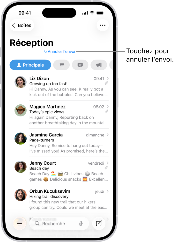 La boîte de réception, affichant une liste de messages. Le bouton « Annuler l’envoi » (permettant de retirer un message envoyé récemment) se trouve au centre de l’écran, en bas.