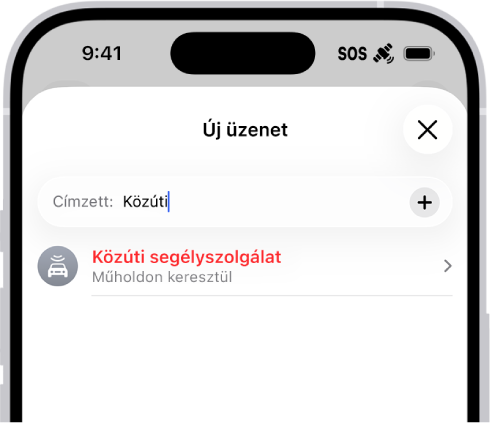 Egy új üzenet a „közútnak” címezve. Alatta egy link található a műholdas kapcsolaton keresztül elérhető közúti segélyszolgálatokhoz.