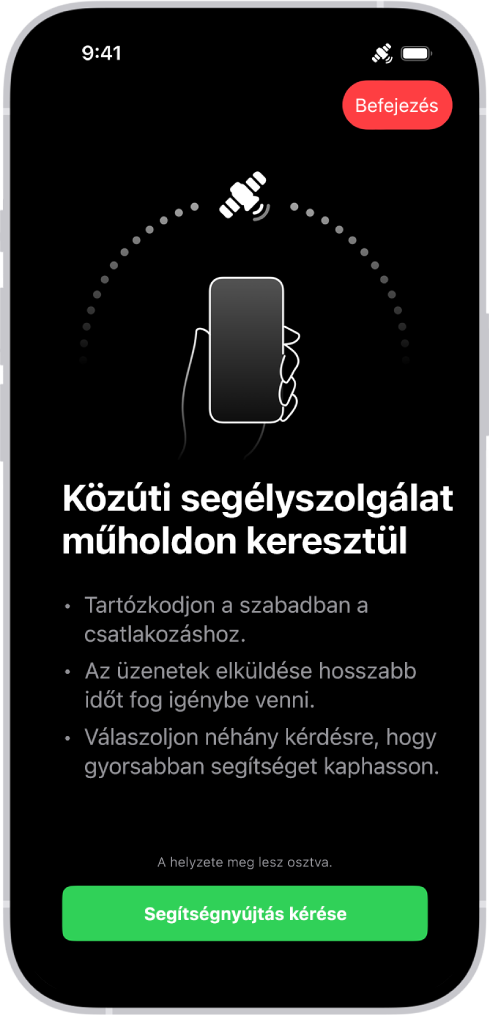 A Közúti segélyszolgálat műholdon keresztül képernyő látható. A Segítségnyújtás kérése gomb a képernyő alján található.