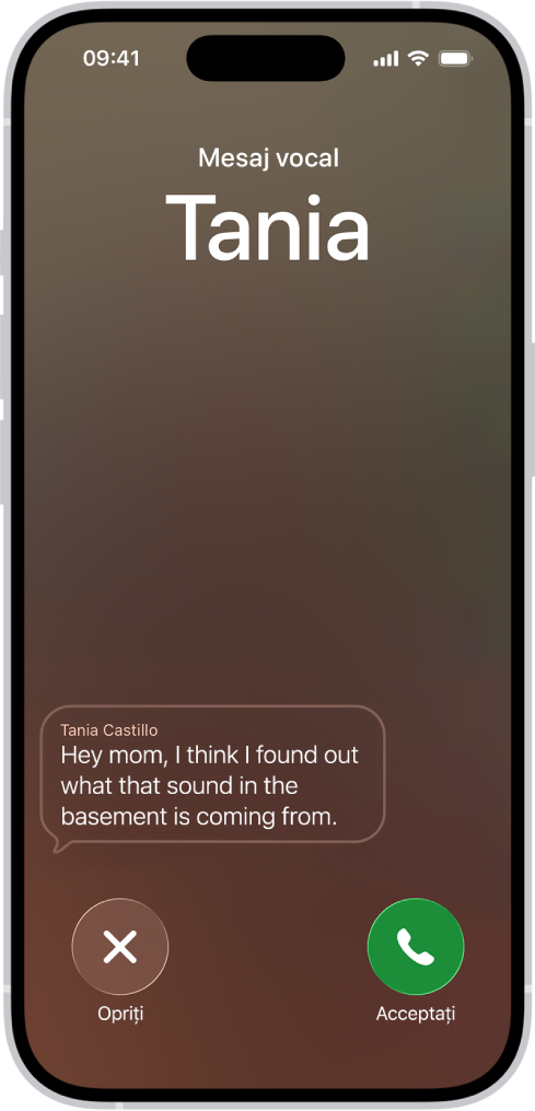 Un ecran de apel afișând un mesaj vocal live de la un contact. Sub textul transcris se află butoanele Opriți și Acceptați pentru apel.
