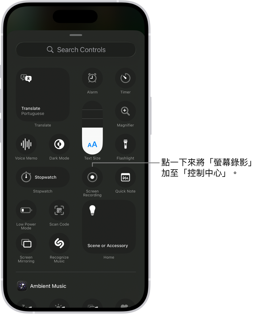 螢幕顯示你可以加至「控制中心」的控制項目。「螢幕錄影」控制項目位於靠近中間的位置。