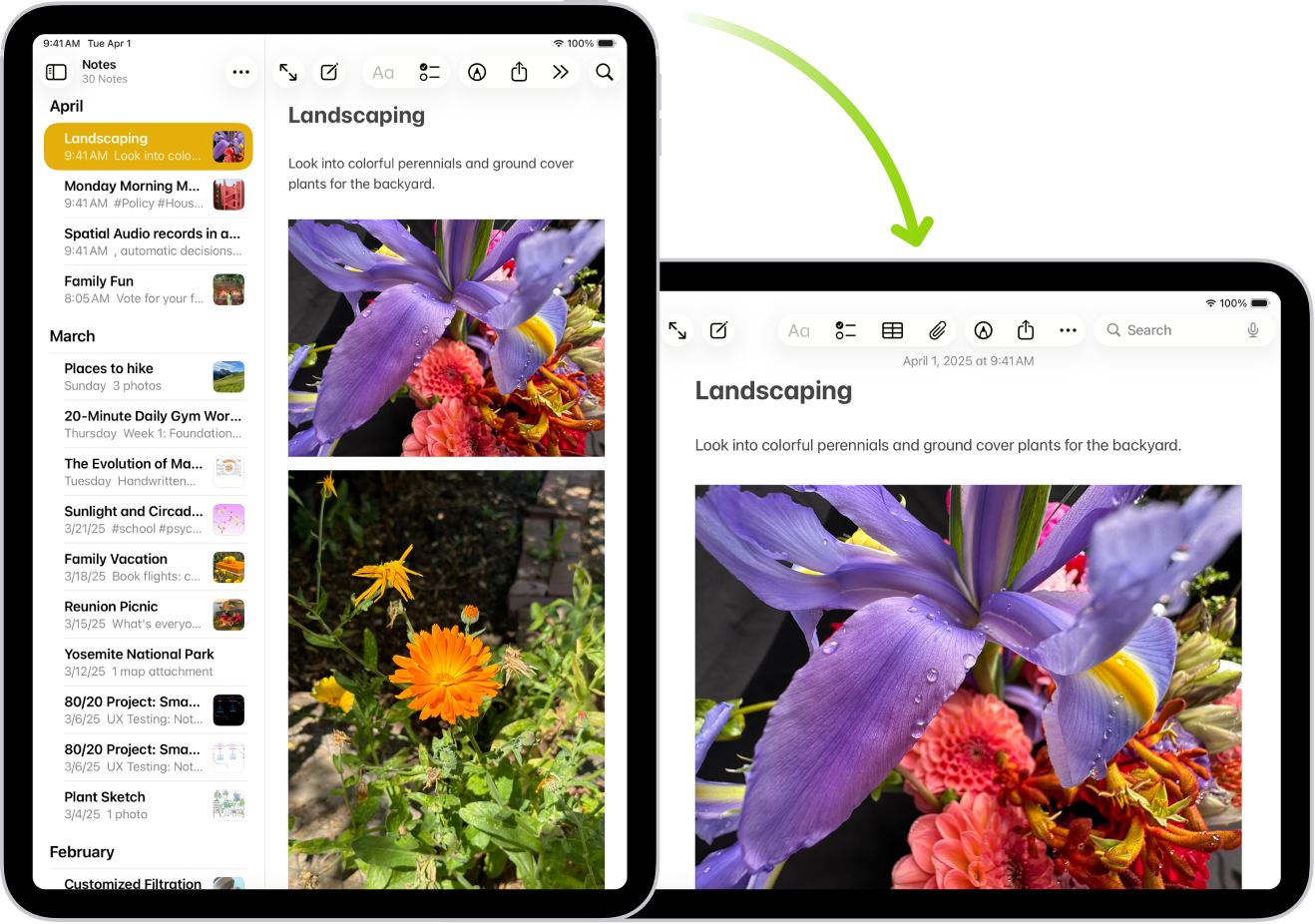Отзад, iPad показва екрана на Бележки във вертикална ориентация; а отпред iPad е завъртян и показва екрана на Бележки в хоризонтална ориентация.