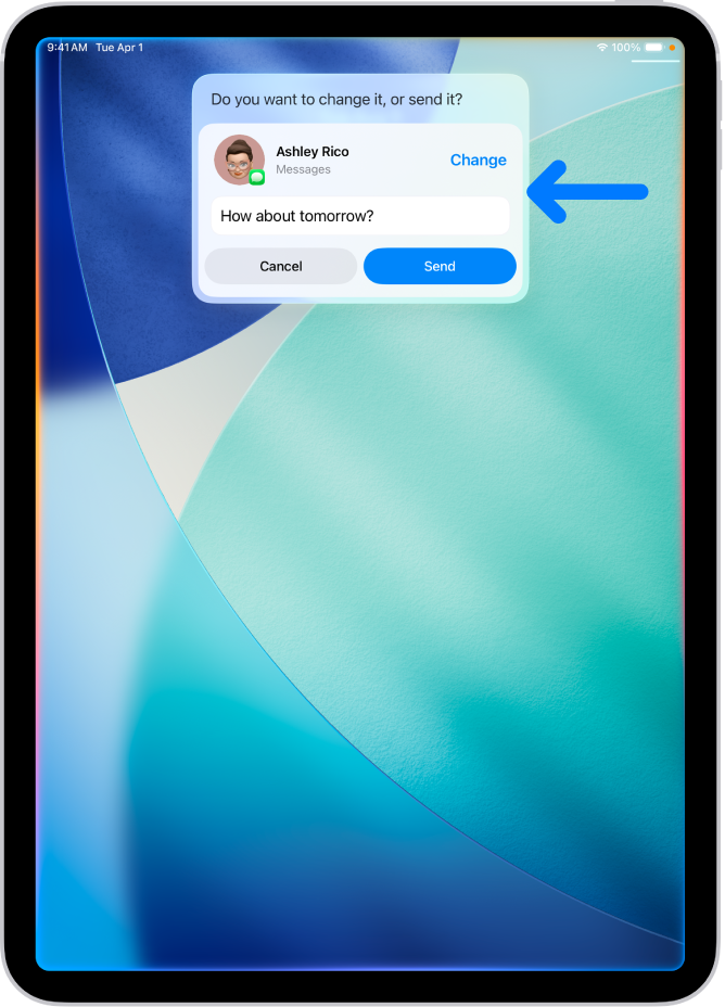 iPad, който показва отговор от Siri в горната част на екрана под формата на готово за изпращане текстово съобщение.