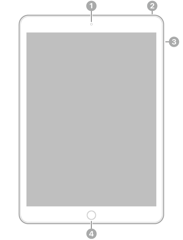 Die Vorderansicht des iPad mit Hinweisen auf die Frontkamera oben in der Mitte, die obere Taste oben rechts, die Lautstärketasten an der rechten Seite und die Home-Taste/Touch ID unten in der Mitte.