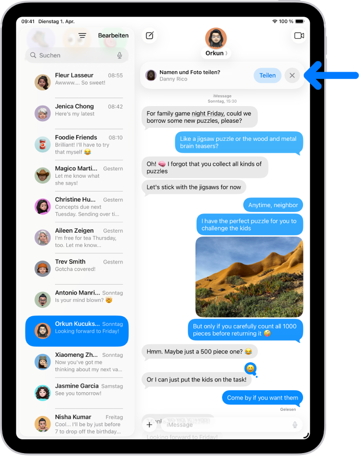 Eine Konversation in der App „Nachrichten“. Eine Mitteilung wird oben angezeigt und es wird gefragt, ob der Benutzername und das Benutzerfoto mit der anderen Person in der Konversation geteilt werden soll.