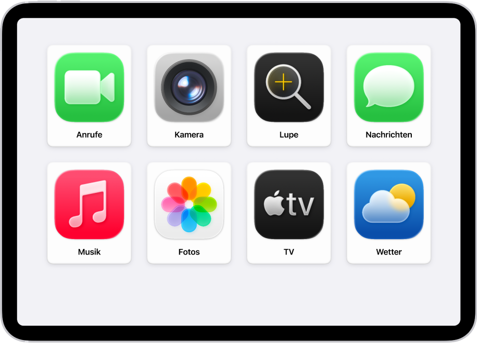 Der Home-Bildschirm eines iPad mit Apps in einem großen Raster bei aktivierter Funktion „Unterstützender Zugriff“.