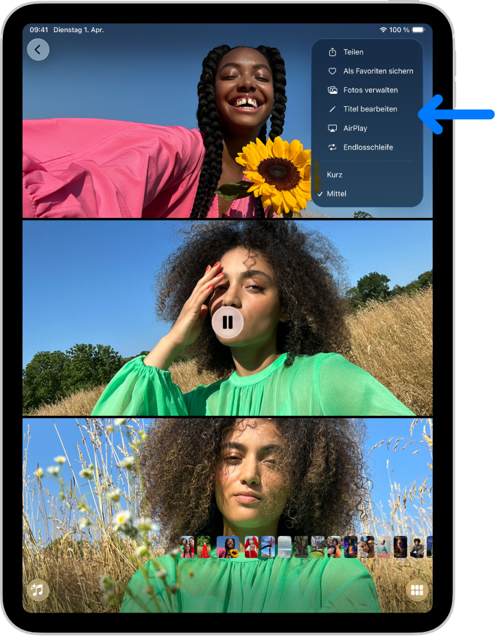 Eine Diashow in der App „Fotos“ wird auf dem iPad abgespielt. Oben rechts befindet sich ein Einblendmenü mit einer Option zum Auswählen von AirPlay.