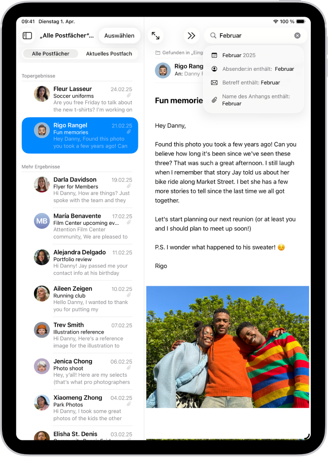 Die App „Mail“ mit einer geöffneten Nachricht und Suchbegriffen, die oben rechts eingegeben werden.