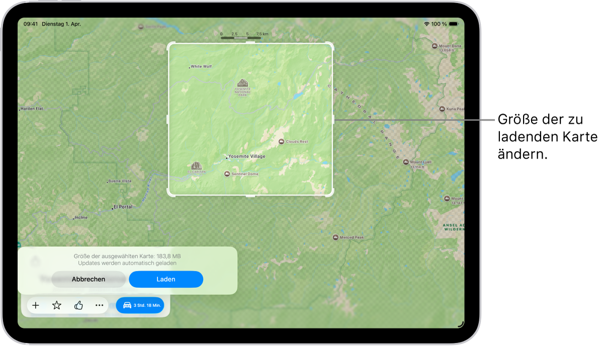 Ein iPad mit der Karte eines Nationalparks. Um den Park herum befindet sich ein Rahmen mit Aktivpunkten, die bewegt werden können, um die Größe der zu ladenden Karte zu ändern. Die ausgewählte Ladegröße für die Karte wird unten am Kartenrand angegeben. Die Tasten „Abbrechen“ und „Laden“ befinden sich unten auf dem Bildschirm.