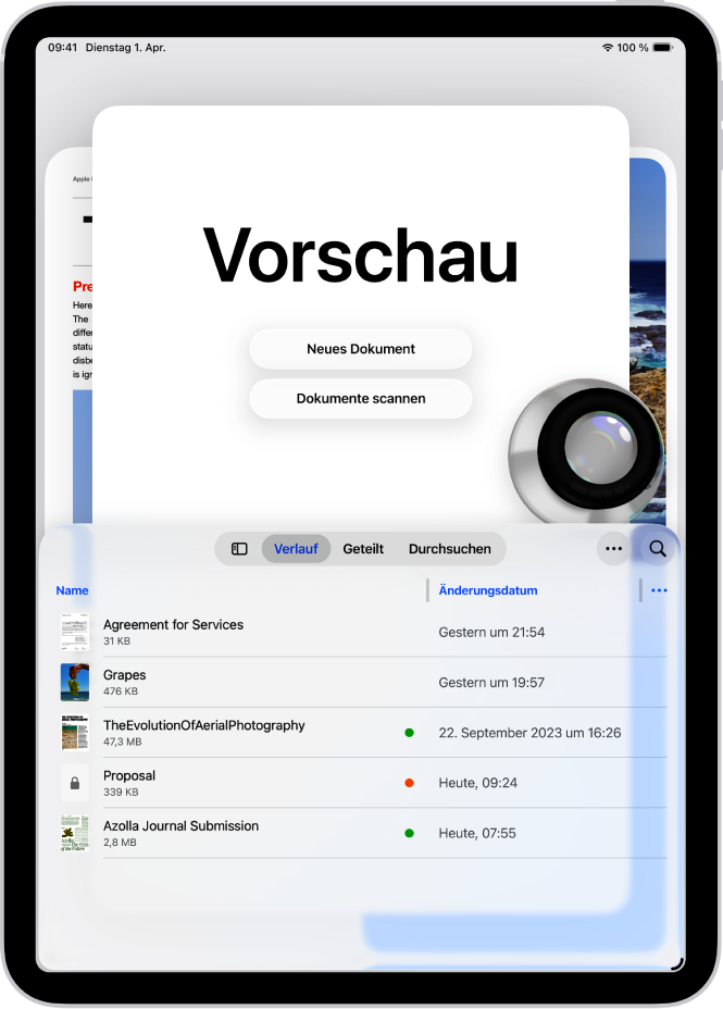 Der Hauptbildschirm der App „Vorschau“ zeigt PDF-Dateien und Bilder. Unten auf dem Bildschirm werden die Tabs „Zuletzt“, „Teilen“ und „Durchsuchen“ angezeigt.