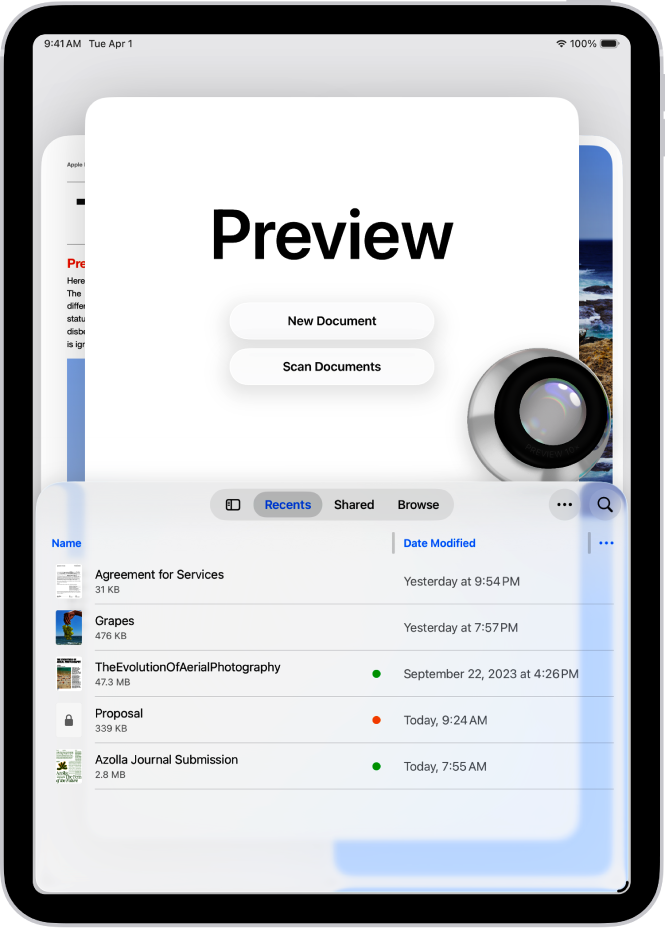 The main screen of the Preview app, showing PDFs and images. Toward the bottom of the screen are the Recents, Shared, and Browse tabs.