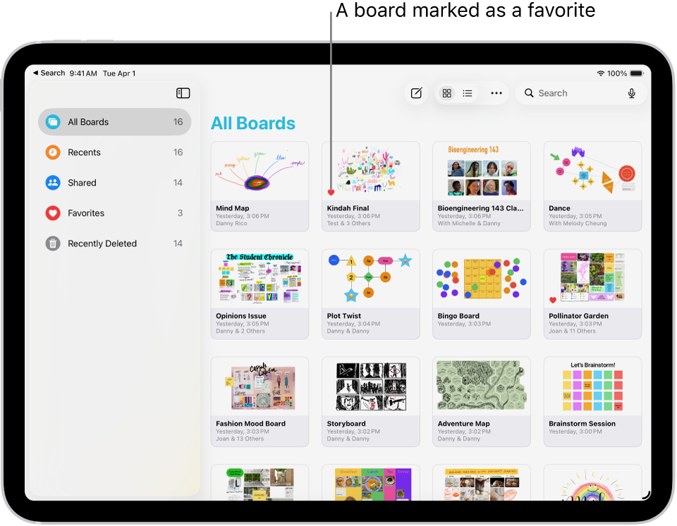 Freeform is open on iPad. All Boards is selected in the sidebar, and board thumbnails appear on the right.